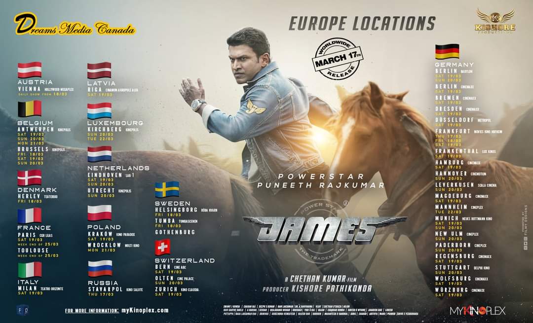 JamesTheMovie1's tweet photo. Record release for a Kannada film in Europe🔥
#BoloBoloJames | @PuneethRajkumar | @PriyaAnand | @BahaddurChethan | @PRKAudio | #KishorePathikonda

Book your tickets NOW: https://t.co/a0SPe8Xwlb https://t.co/iR7mDmTmzI