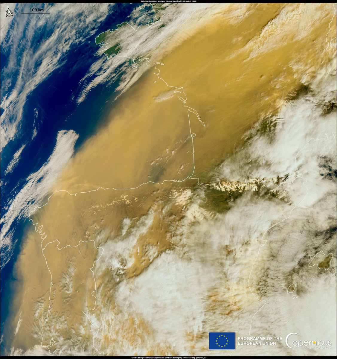 AEMET_Esp's tweet photo. Imagen, adquirida por uno de los satélites @CopernicusEU  #Sentinel-3 el 15 de marzo de 2022, muestra la nube de #PolvoSahariano   que envuelve los cielos de, España, Portugal y Francia https://t.co/stuPypmc3X