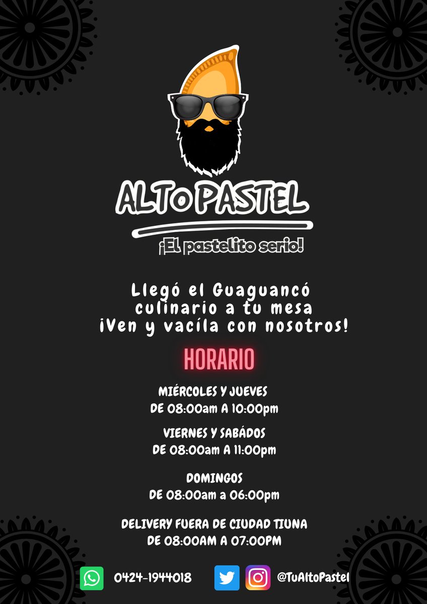 TuAltoPastel's tweet photo. ¡Epa gente buena!

Por aquí les volvemos a dejar lo mejor de nuestro repertorio y los precios que les ofrecemos para que vacilen los Pastelitos más Serios de toda Caracas.

¿Y tú, ya rescatáste con nosotros? 😎🔥 https://t.co/iXRTlq4lJ8