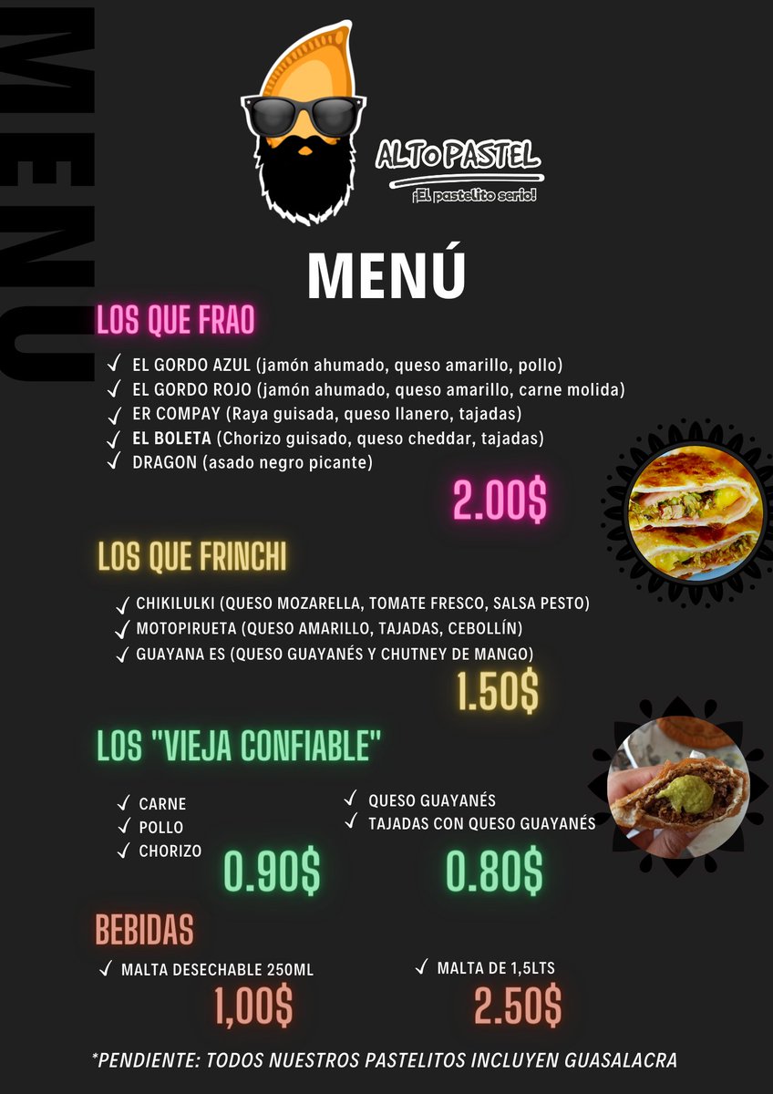 TuAltoPastel's tweet photo. ¡Epa gente buena!

Por aquí les volvemos a dejar lo mejor de nuestro repertorio y los precios que les ofrecemos para que vacilen los Pastelitos más Serios de toda Caracas.

¿Y tú, ya rescatáste con nosotros? 😎🔥 https://t.co/iXRTlq4lJ8