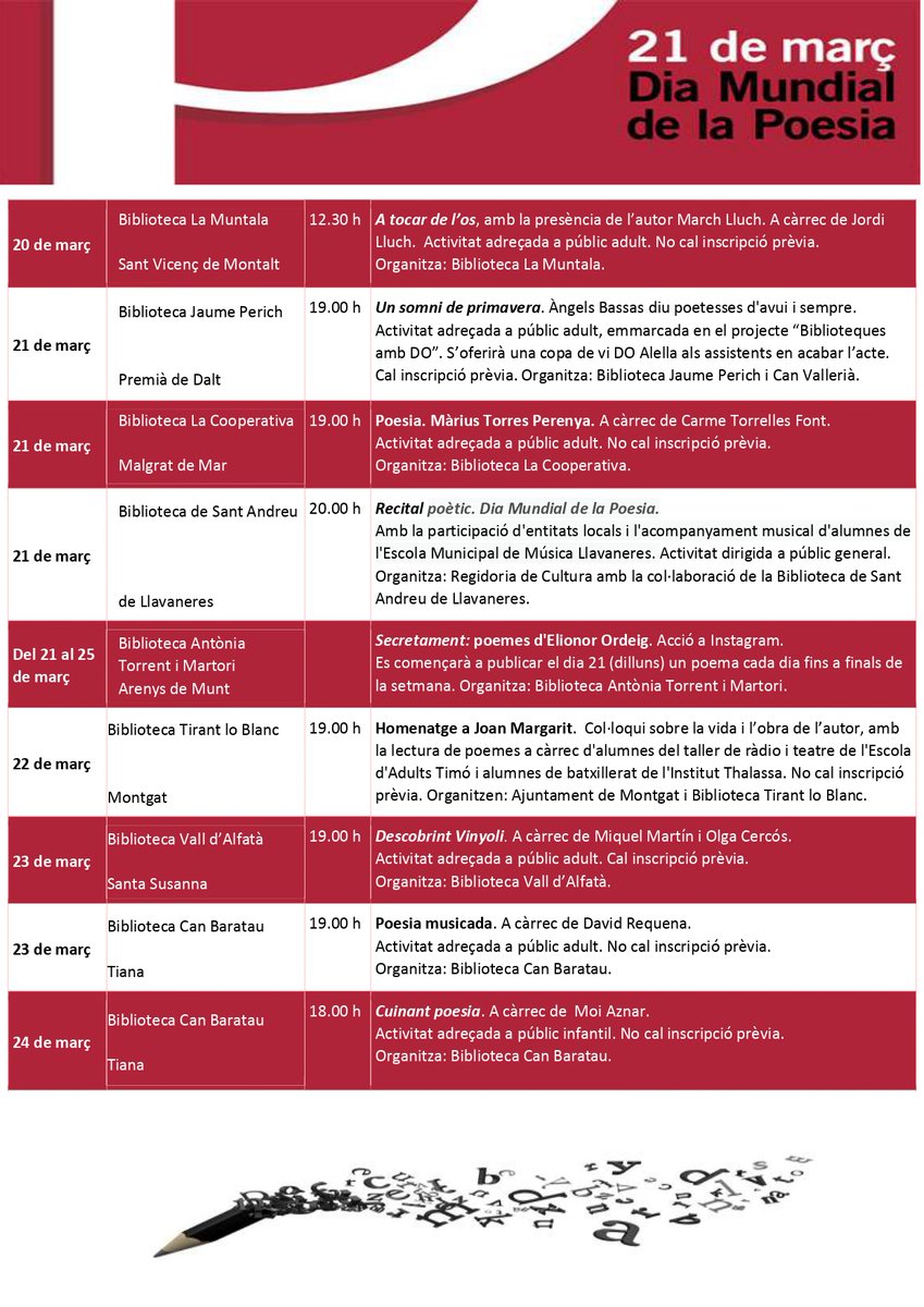 BibliosMaresme's tweet photo. 📢Les Biblioteques del Maresme conviden a tothom a participar d’aquestes activitats per a commemorar el DIA MUNDIAL DE LA POESIA👉
https://t.co/DmfYtnax0K
Poema del DPM 2022👉https://t.co/qMuvx4WUTb

#DMP22 #DiaMundialDeLaPoesia 
@lletres @BibliotequesXBM https://t.co/zQxI0ksziw
