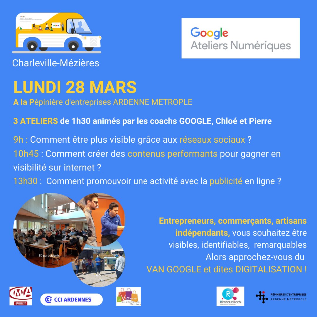 👉GOOGLE ateliers numériques sur Charleville-Mézières le 28 mars prochain. Venez faire vos premiers pas numériques, augmenter votre lisibilité, accroitre votre communauté. Inscrivez-vous vite : lnkd.in/esHt6k92
@cci_ardennes  <a href="/rimbaud_tec/">Rimbaud'Tech</a> <a href="/Vitrinescharle1/">Vitrines Charleville</a> #Ardennes