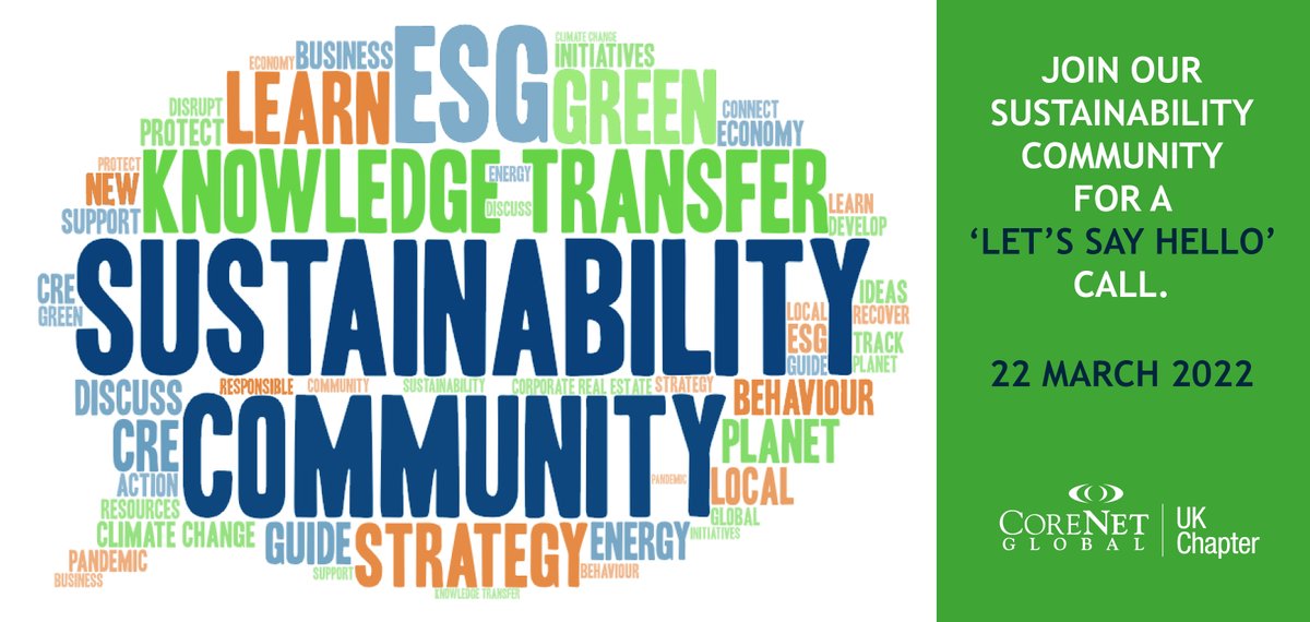 Our sustainability community is having a 'let's say hello' call on the 22nd call at 4pm for any CoreNet members interested in getting involved in the community.

Get in touch with Mitakshi Sirsi via LinkedIn to receive more information.

#community #sustainability #CRE