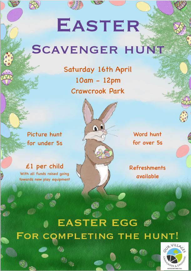 OurVillages's tweet photo. Easter Egg Scavenger Hunt!

10am, 16th April
Crawcrook Park
Picture Hunt for under 5's
Word Hunt for over 5's
£1 per child
Refreshments available https://t.co/LJvhebkh2q