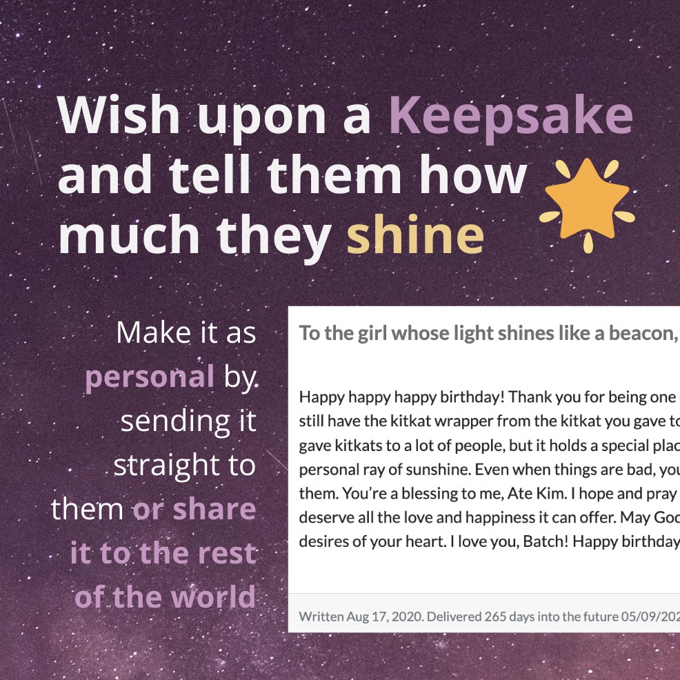 keepsakeletter's tweet photo. Who do you think of when you look at the stars? 
(and what do you wish for them to know 💫)

Wish upon a Keepsake and tell them how much they shine 🌟 

Head over to https://t.co/fbIj73OS8N to read more public letters to get inspiration for the one you write yourself 💌 https://t.co/MOJSrsNk2o