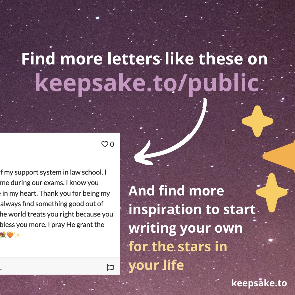 keepsakeletter's tweet photo. Who do you think of when you look at the stars? 
(and what do you wish for them to know 💫)

Wish upon a Keepsake and tell them how much they shine 🌟 

Head over to https://t.co/fbIj73OS8N to read more public letters to get inspiration for the one you write yourself 💌 https://t.co/MOJSrsNk2o