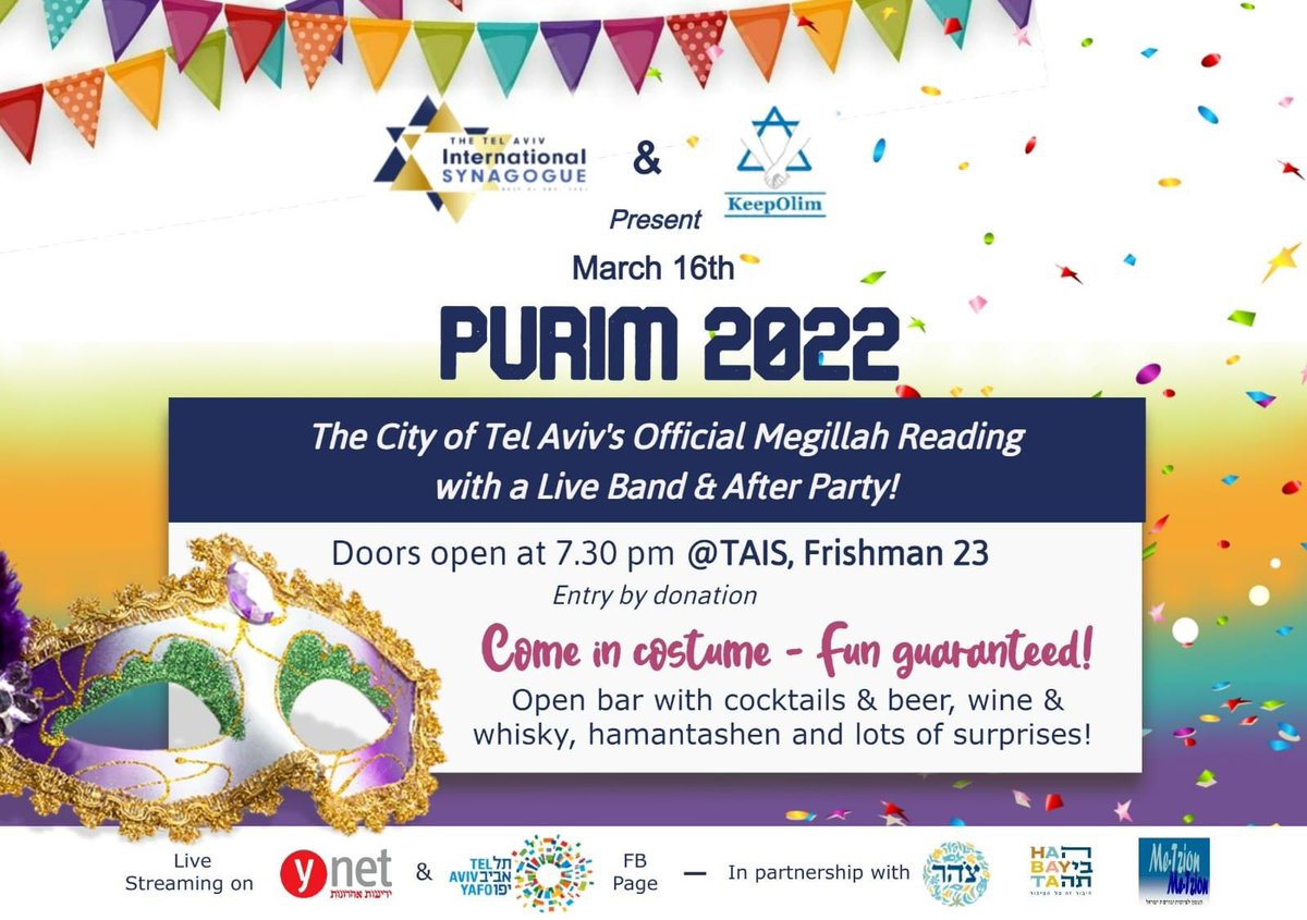 KeepOlim's tweet photo. Its gonna be 🔥🔥🔥🔥🔥 its the whole Megilla!
Open bar live band #keepolim #Purim2022  #TelAviv #party https://t.co/CVXmfdBCkN