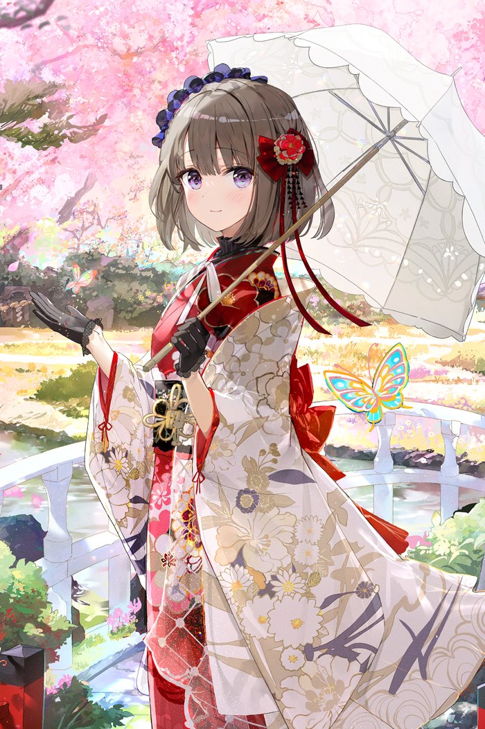 1girl japanese clothes kimono gloves umbrella solo outdoors  illustration images