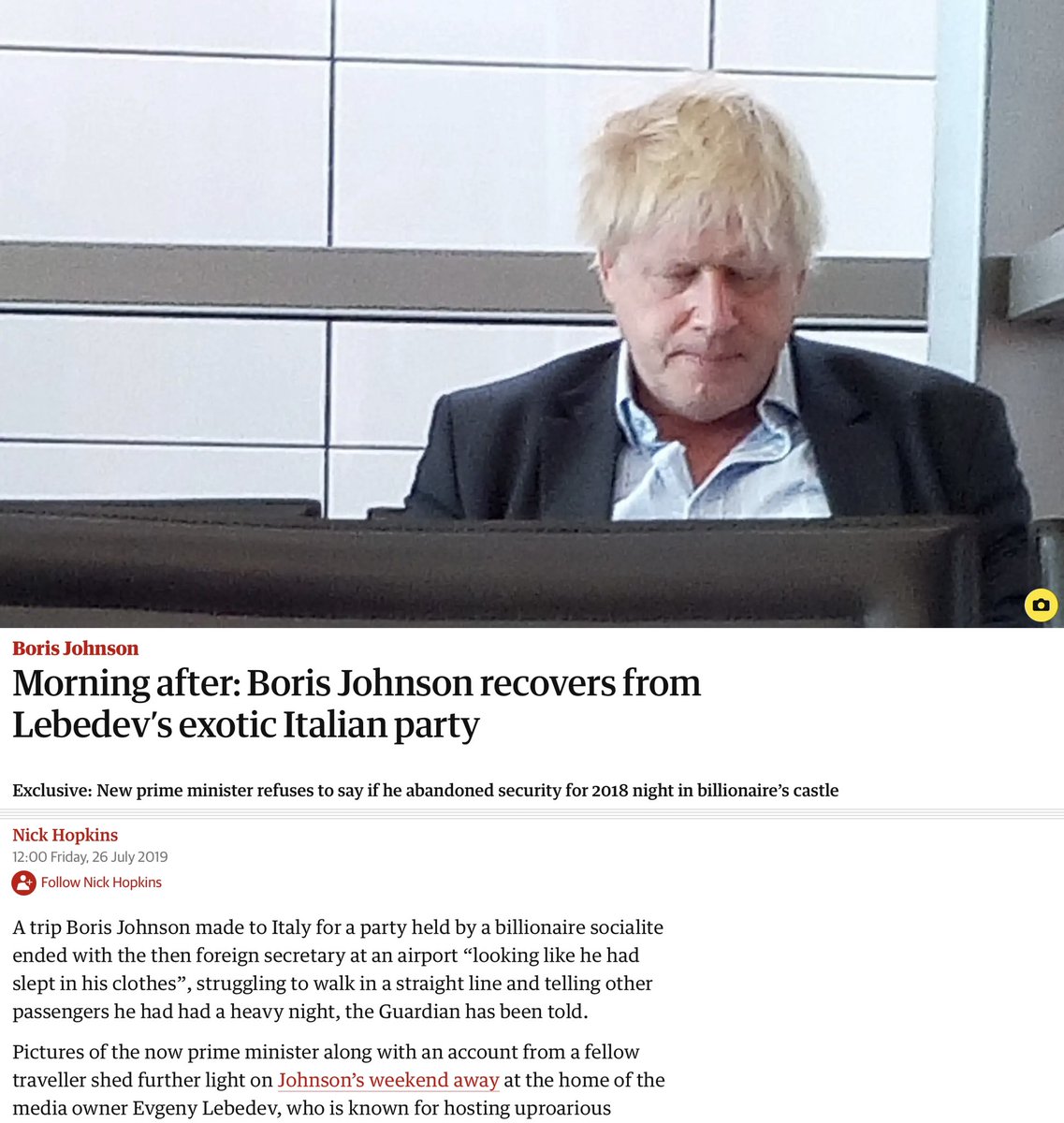 arusbridger's tweet image. This 2019 picture - showing a disheveled Foreign Secretary at Florence airport sans security detail after a heavy weekend with the soon-to-be Lord Lebedev - seems to have disappeared from circulation. Has it suffered the same fate as the Bullingdon Club pix?