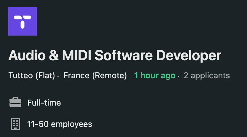 flat_io's tweet photo. We are hiring an Audio &amp; MIDI Software Developer to join our remote product team! If you like WebAudio &amp; WebMIDI, this is your dream job 😉 🎺.
🔗 https://t.co/w4MfwO0qyA

#Remotework #WebAudio #WebMIDI https://t.co/7jP2ysCDfJ