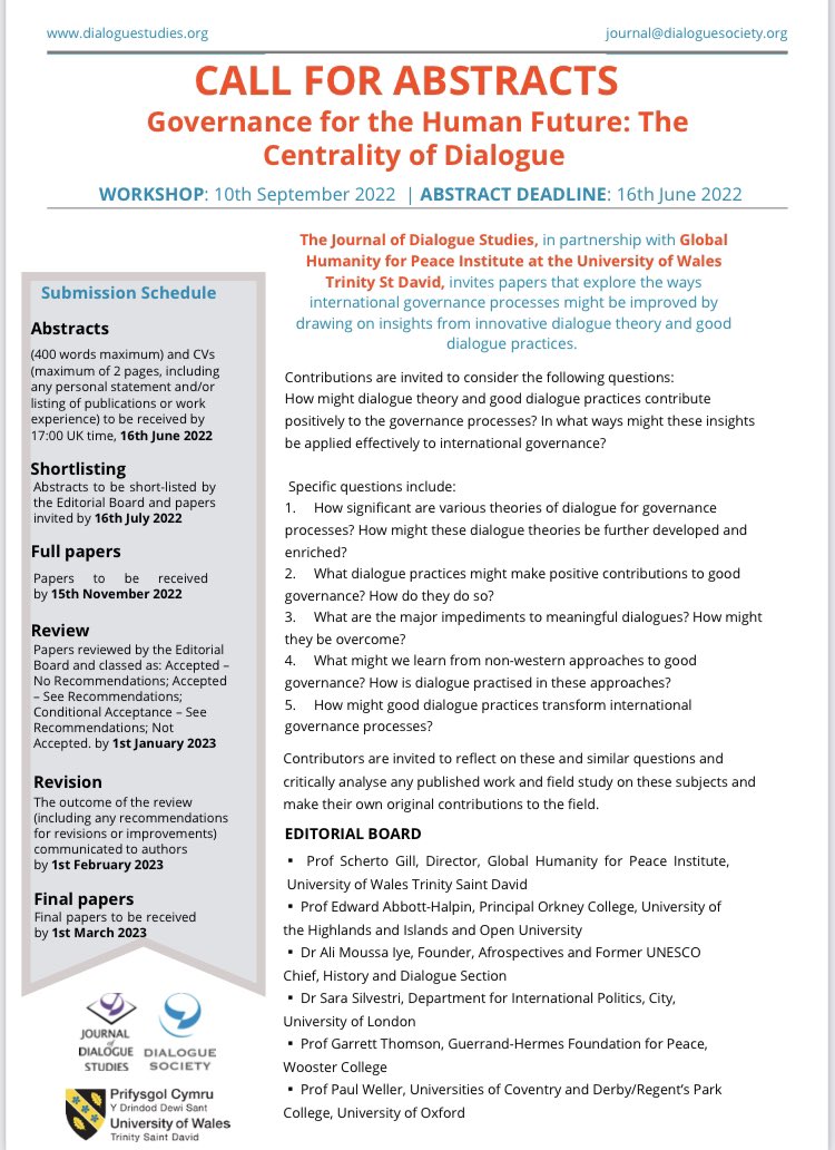 DialogueSociety's tweet photo. #callforpaper 
The Journal of #DialogueStudies in Partnership with the Global Humanity for Peace Institute at the #UniversityofWales is excited to announce our new #callforabstracts - inviting papers that explore international governance and innovative practices of dialogue. https://t.co/UQycKNw7zx