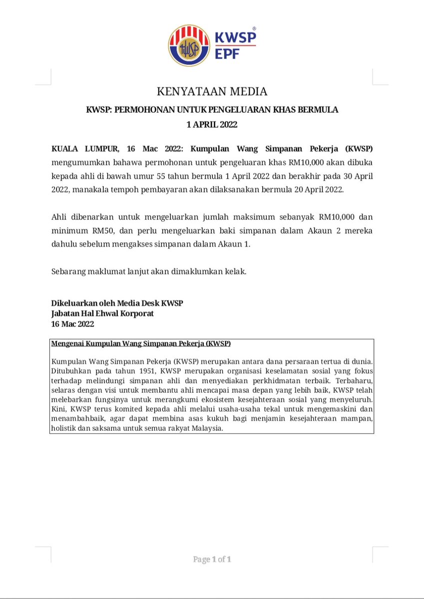 BuletinTV3's tweet photo. TERKINI | Permohonan pengeluaran khas RM10,000 bermula 1 April ini - KWSP https://t.co/zrVQYLicY8