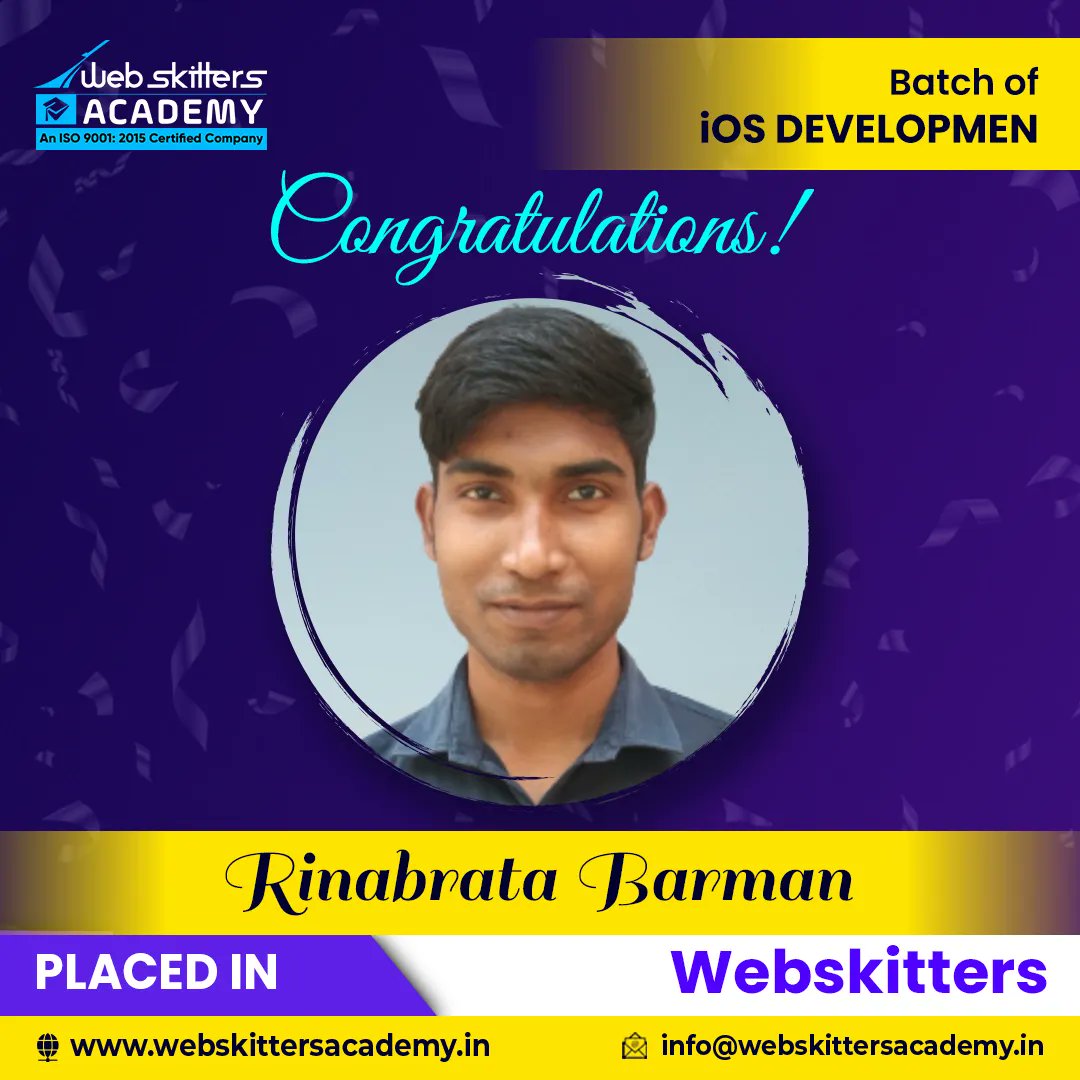 WebSkitters_Edu's tweet image. Congratulations Rinabrata Barman!
You completed your iOS development course with Webskitters Academy and now you are placed in a reputed firm.
Best wishes from our team! May you do well in future.
#WebskittersAcademy #iosdevelopment #iosdevelopmentcourse #Career #Placement
