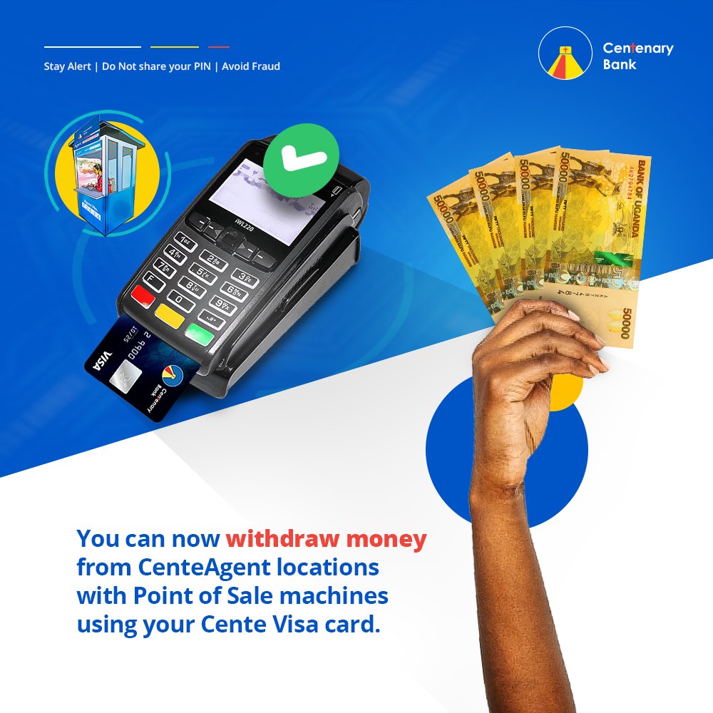 CentenaryBank's tweet photo. Using your CenteVisa card, you can now withdraw money at any Agent location with a Point of Sale Machine.
Simply walk to any agent in your neighborhood to transact. #CenteAgent https://t.co/fsRdWU8M8j