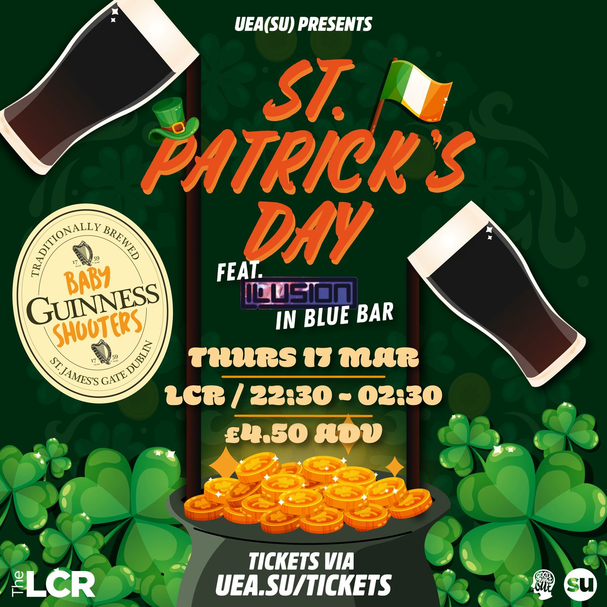 Got any plans for tomorrow? ☘️

Come and celebrate St Patrick's Day in the LCR, feat. Illusion in Blue Bar 🍻