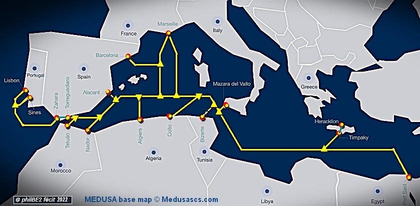 philBE2's tweet photo. 16MAR22 • MEDUSA - Mediterranean open access cable 

🇵🇹🇲🇦🇪🇸🇩🇿🇫🇷🇹🇳🇮🇹🇬🇷🇪🇬

Length: 8,700km
Cost: €326 Mio
RFS: 2024/2025
Capacity: 20Tbps x 24 FP
DAS (Distributed Acoustic Sensing)
Owner: @AFR_IXtelecom 
Builder: @asn_comm
Landings: 16 points (see map)

�� https://t.co/NiFgplqtSe https://t.co/8sDocqJsnP