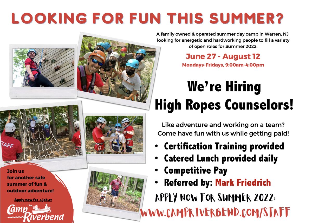 📢👍😃CALLING ALL ADVENTUROUS Camp Counselors!  Are you currently a Teacher or College Ss looking for a FUN Summer Job?  Camp Riverbend High Ropes Staff is Hiring Instructors for the 2022 Summer Season.  Join our TEAM, Join the ADVENTURE!  #PhysEd #HealthEd #SHAPENJ #CampJobs RT