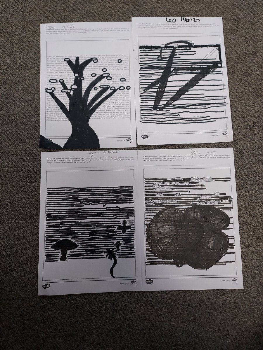 StAndrewsTweets's tweet photo. P6 learning to create Blackout poems. Some great results for our first attempt. Well done 😀 #poetry #blackout #firstattempts #creative #writing #poems #literacy https://t.co/zDWPzCrFDm