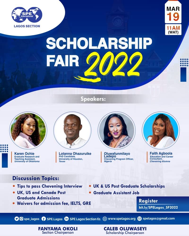 LGICng's tweet photo. Register for SPE Lagos Scholarship Fair 2022 holding on March 19, 2022

Event time: 11am - 1pm WAT

Register to participate via https://t.co/rnIJGVRRY4

The event will feature the following Guest Speakers: Oluwafunmilayo Ladepo (The Chevening program officer Nigeria), https://t.co/nxd1saY28b