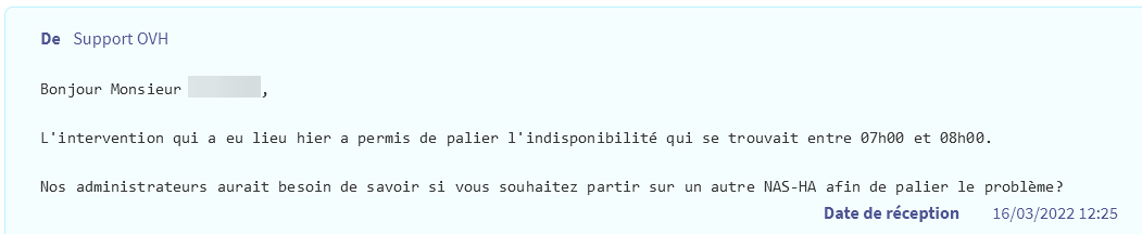 lobotonio's tweet photo. @ovh_support_fr De pire en pire : on vous re-signale que le NAS HA était à nouveau planté ce matin, et voilà votre dernière réponse... https://t.co/tiKM72VNPU