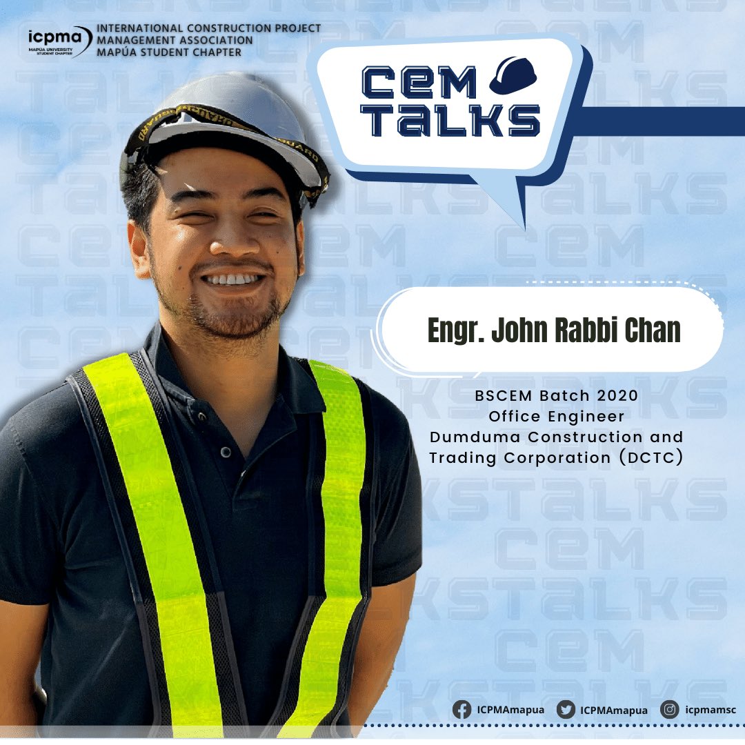 ICPMAmapua's tweet photo. 𝗖𝗘𝗠 𝗧𝗔𝗟𝗞𝗦 𝟬𝟯 💬

𝐄𝐧𝐠𝐫. 𝐉𝐨𝐡𝐧 𝐑𝐚𝐛𝐛𝐢 𝐂𝐡𝐚𝐧
Bachelor of Science in Construction Engineering Management
Batch 2020
Mapúa University

Watch out for our next CEM personality next week on 𝗖𝗘𝗠 𝗧𝗔𝗟𝗞𝗦!

#PagsintaSaMapua
#COOinAction
#AbanteUSG https://t.co/toZAu5FffD