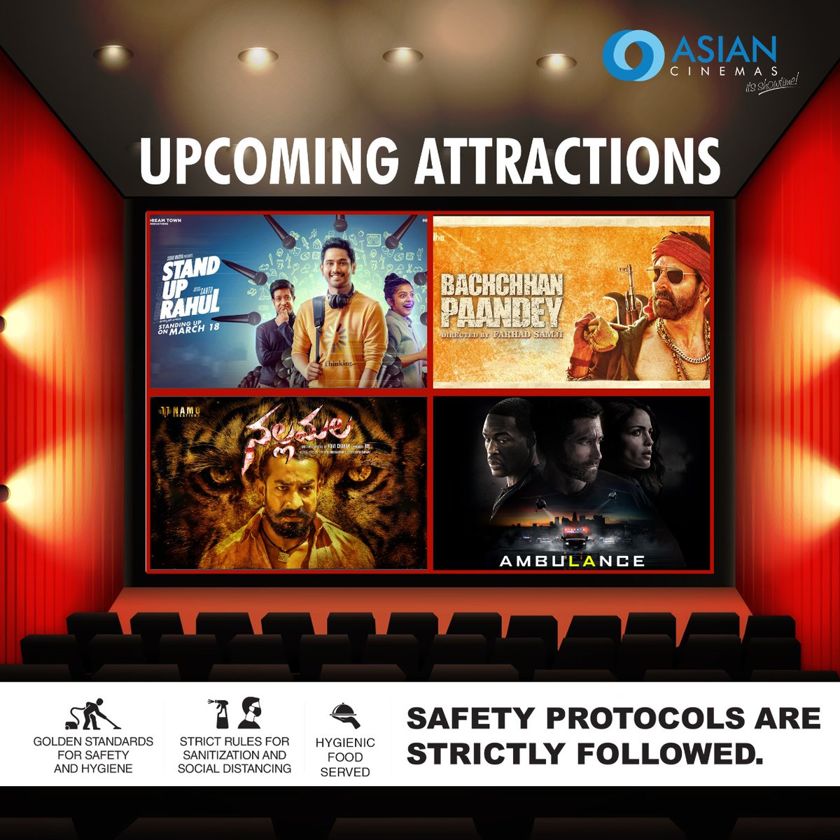 #UpcomingAttractions #StandUpRahul #BachchhanPaandey #Nallamalla And #AmbulanceMovie ..Book Your Tickets And Watch it in Asian Cinemas From March 18th! #AsianCinemas