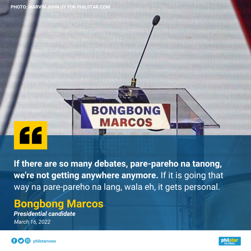 PhilstarNews's tweet photo. 'PARE-PAREHO NA TANONG'
When asked if he would change his mind and attend the Comelec debate on Saturday, presidential bet Bongbong Marcos said he will only attend if these debates are “not repetitive,” “productive,” and “constructive.” https://t.co/zDW7NDo49j