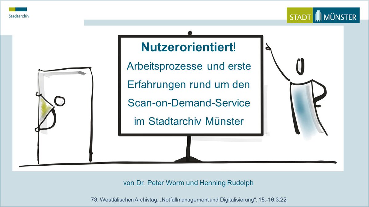 StadtarchivMS's tweet image. Auf dem digital stattfindenden Westfälischen #Archivtag berichten wir gleich zu: "Nutzerorientiert! Arbeitsprozesse und erste Erfahrungen rund um den Scan-on-Demand-Service im Stadtarchiv Münster" - 95.000 Scans / 660 Archivalien online! #SoD #ScanOnDemand #WAT22