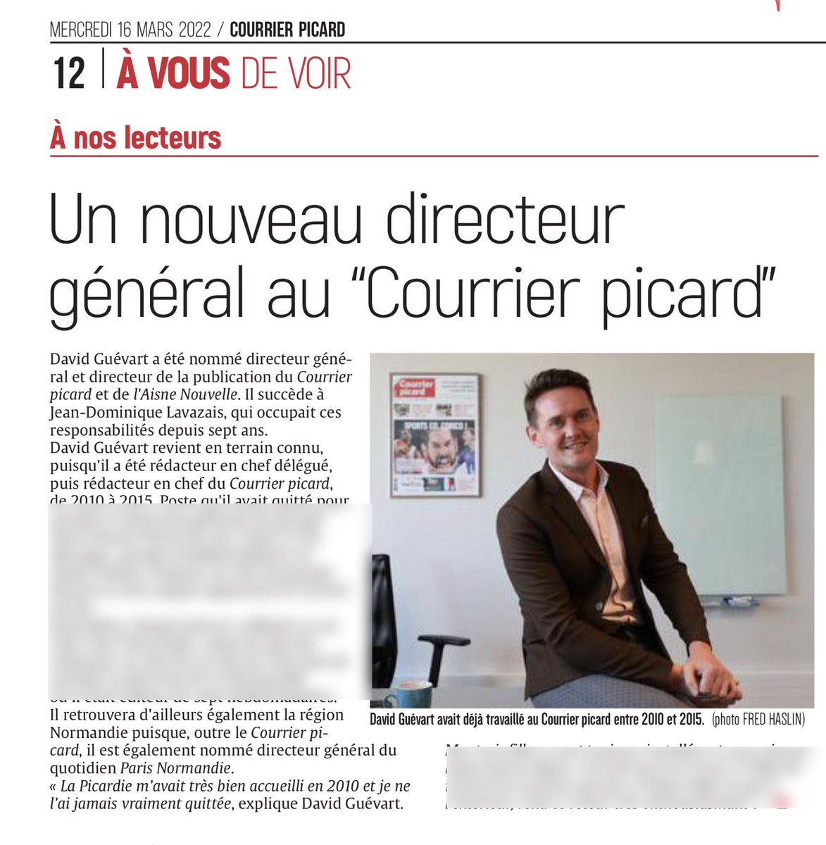 Félicitations à David Guévart pour sa nomination comme directeur général du Courrier picard. Grand professionnel et profondément humain, c’est un retour à la maison qui en ravira plus d’un !