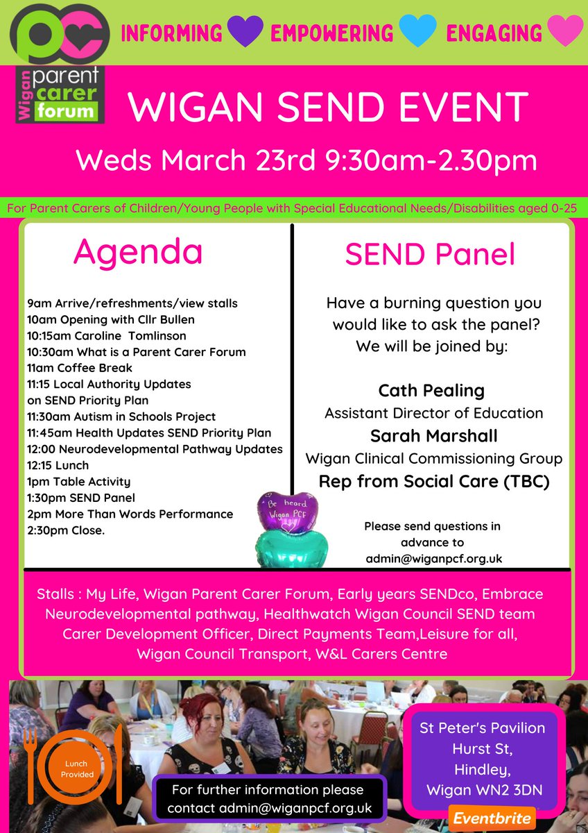 WiganPCF's tweet photo. Just a week to go until Wigan SEND Event 🎉action packed day full of updates, opportunities and information. Free lunch provided. Warm welcome to all parent carers and interested practitioners. Book here:
👉 https://t.co/xhAjn1fQyu💜💚🌈 @bullen_jenny @cathppp @CharmaineTarri1 https://t.co/muqsK7HSMl