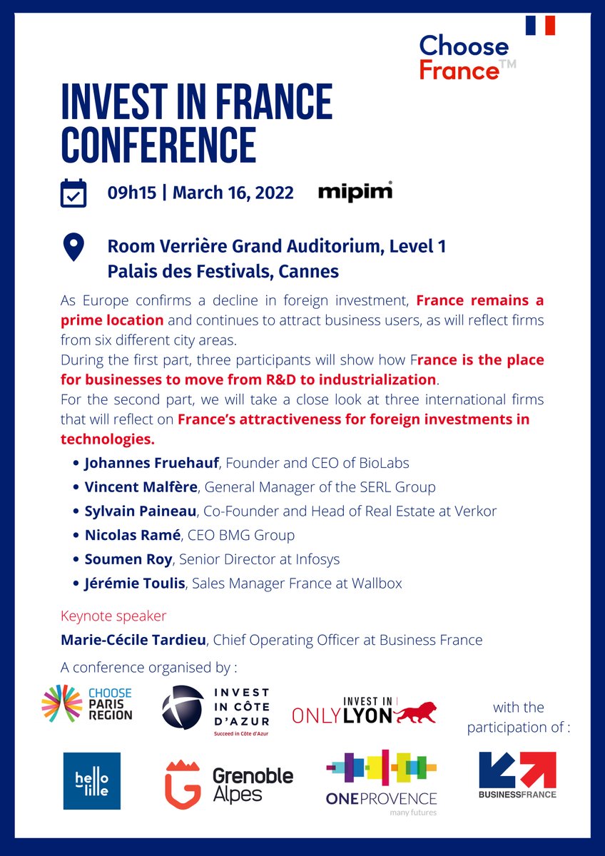 #MIPIM2022 
📢🇫🇷 "INVEST IN FRANCE" CONFERENCE with the metropolises of Aix-Marseille-Provence, Paris, Lille, Lyon, Grenoble &amp; Nice
🚩 today ⏳⌚️▶️at 9:15 a.m.
▶️in the Verrière Grand Auditorium
Debates on French attractiveness with several companies &amp; <a href="/businessfrance/">Business France</a> @mipimworld