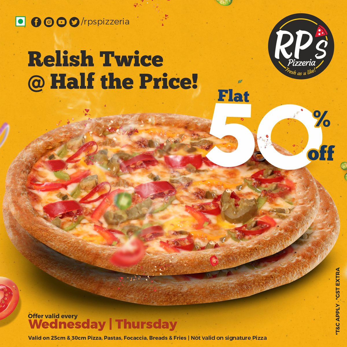 RPsPizzeria's tweet photo. Why stop yourself from relishing your favourite pizza?
Visit RP's and order your favourite pizza at 50% OFF.

Order Karo!!!!!
https://t.co/BUPcLIiPXO

#WednesdayMotivation #pizzadelivery https://t.co/9ihN4z3yY4