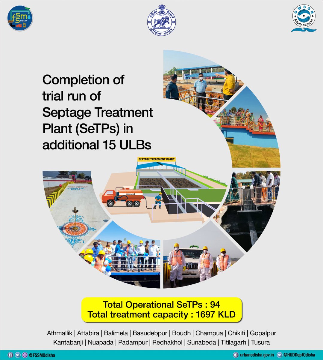 #Odisha is steadily progressing towards the goal of providing septage treatment facilities for all the 114 ULBs in the State.

#SafeSanitation #FSSM

<a href="/HUDDeptOdisha/">H & UD Dept</a> <a href="/OWSSB1/">OWSSB</a>