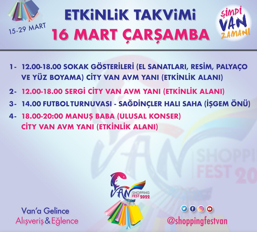 Şimdi Van’da olmanın tam zamanı… 🎉

İşte bugünün programı;

#VanShoppingFest
#Van