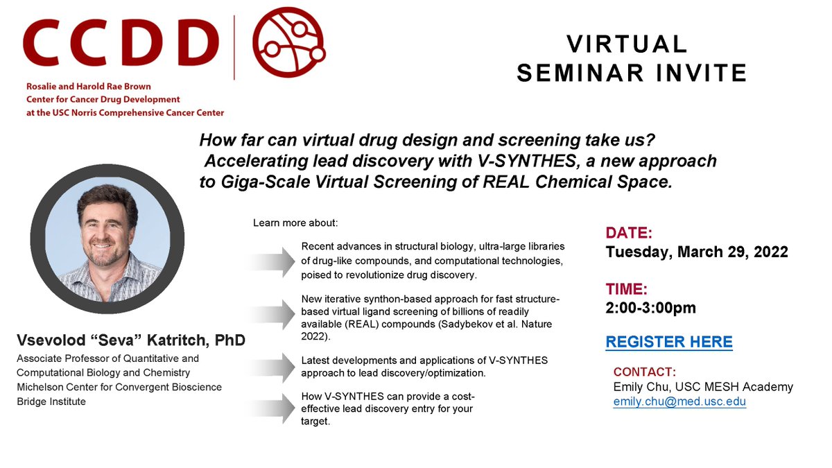 USCMESH's tweet photo. Tu 3/29 2p - Don't miss the next @uscnorris Rosalie &amp; Harold Rae Brown Center for #CancerDrugDevelopment Seminar Series w/@sevakat1 PhD. https://t.co/tynhNjsbCy https://t.co/38L0j8WwaI