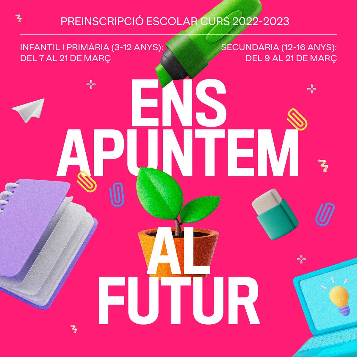 📢🎒 El proper 21 de març finalitza el termini per presentar les sol·licituds de preinscripció per al curs escolar 2022-2023:

🔵 Educació infantil i primària: del 7 al 21 de març.
🔵 Educació secundària obligatòria: del 9 al 21 de març.

Més informació 👇
preinscripcio.gencat.cat/ca/inici/