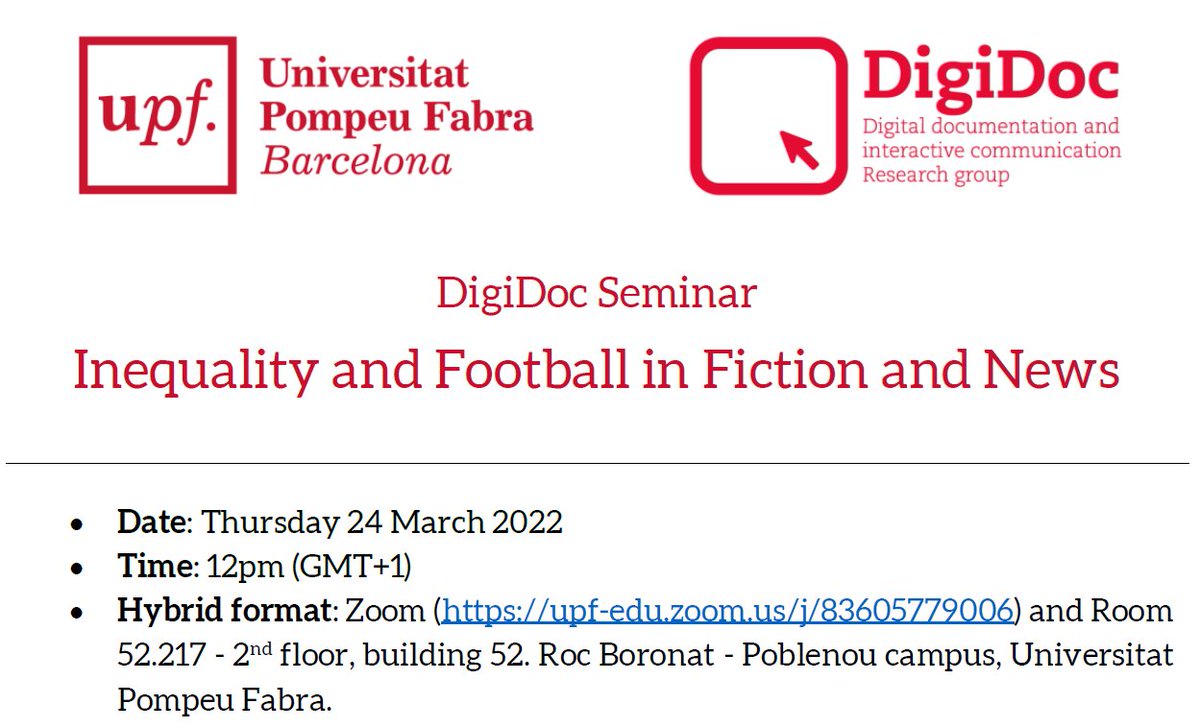 🗓️ Anna Tous, media researcher at IRE-UAB, participates in the <a href="/GrupDigiDoc/">Grup DigiDoc</a> Seminar on Inequality and Football in Fiction and News, 24.03.2022 (12h-14h). Her paper focuses on male soap-opera in British TV Sports Fiction. 

🖥️Join the event: upf-edu.zoom.us/j/83605779006