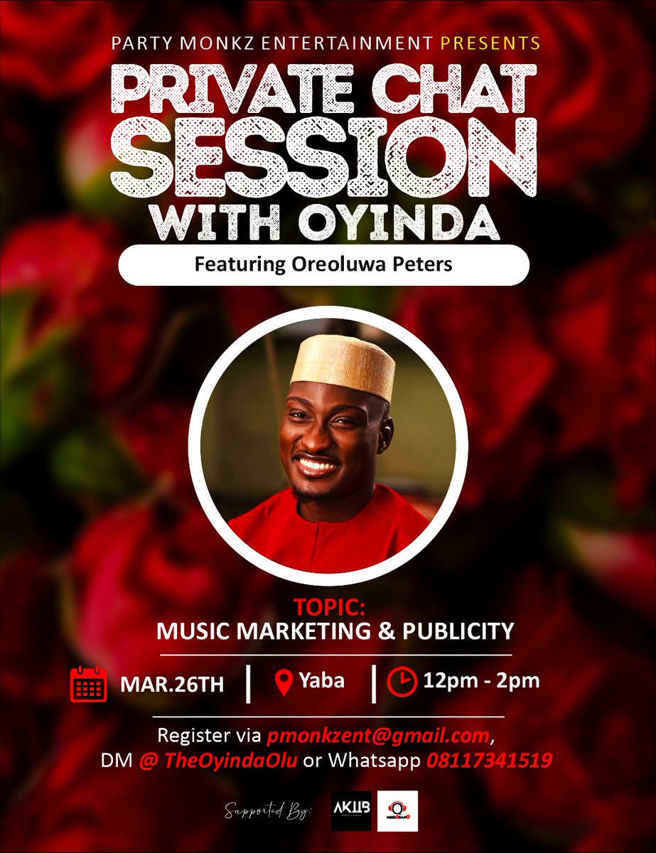 TheOyindaOlu's tweet photo. MUSIC MARKETING &amp; PUBLICITY

Date: Sat. 26th.
Venue: @nesthubng Yaba
Speakers: @OreoluwaPeters @GbemiEreku 
Host: @meckzibillion 

To register, send your name, email address and twitter handle via DM. 

#PCSWO ...LEARN! KNOW!! SHOW!!!
#PrivateChatSessionWithOyinda https://t.co/yth4xgirB3