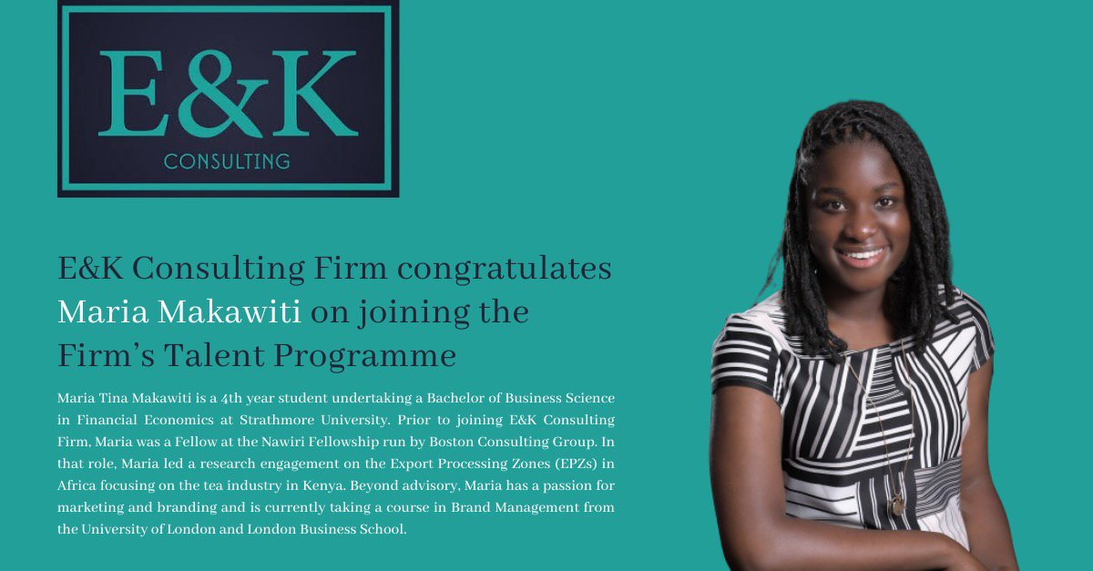 EnK_Consulting's tweet photo. We are pleased to welcome Maria Makawiti to our #TalentProgramme. Prior to joining E&K Consulting Firm, Maria worked at @BCG. Maria is passionate about strategy, marketing & brand management & her role exemplifies our thesis on building the next generation of #African #Leaders. https://t.co/GQaJPDu56K