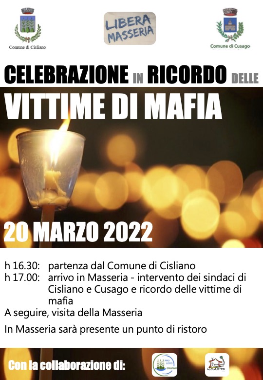 ParcoNav's tweet photo. Il Comune di #Cisliano, in collaborazione con il Comune di #Cusago, ricorderà le VITTIME DI MAFIA domenica 20 marzo con un corteo che partirà dal Municipio e raggiungerà Libera Masseria. https://t.co/FzWspJuNtV