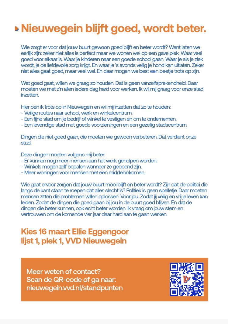 Vandaag is dè dag! De dag om gebruik te maken van je democratisch stemrecht.

Mocht je nog inspiratie nodig hebben voor je in het stemhokje stapt, lees hier waar onze lijsttrekker Ellie Eggengoor trots op is en wat er volgens haar beter kan in Nieuwegein.