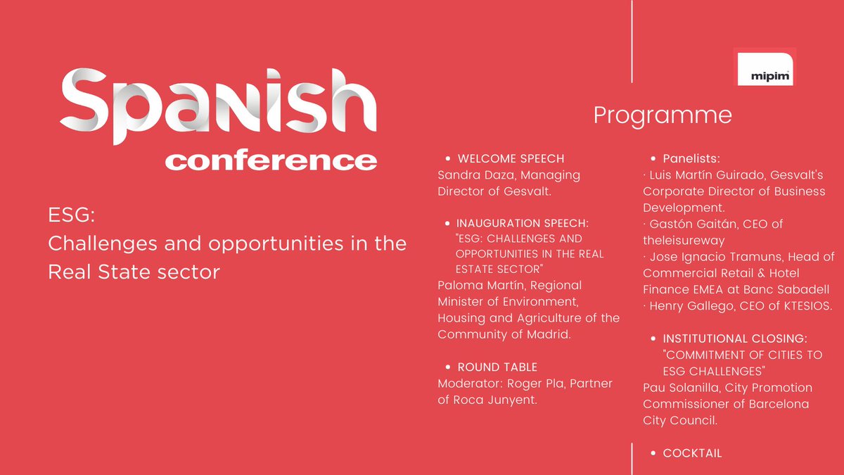 Gesvalt's tweet photo. ¡Vamos a por el segundo día en el #MIPIM2022! Hoy a partir de las 11:00 hs celebramos la #SpanishConferenceMIPIM "ESG: Retos y oportunidades en el sector inmobiliario"
@Gesvalt; @Roca_Junyent; @MADRID; @ComunidadMadrid #Ktesios; @BancoSabadell; @theleisureway @SpainAtMIPIM https://t.co/AGPlSoWp6I