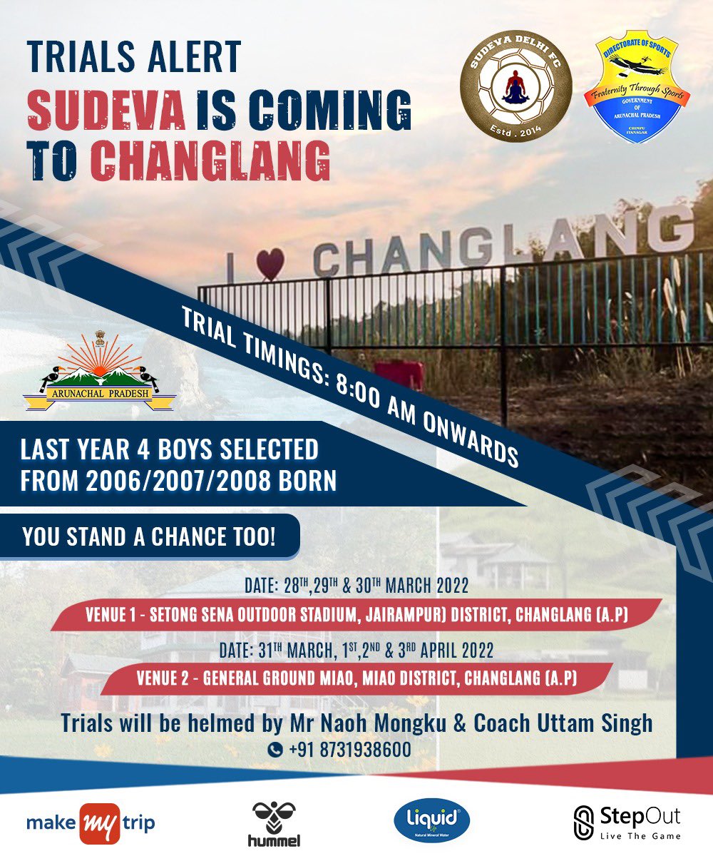 ChanglangIpr's tweet photo. Second year in a row - Sudeva Delhi FC of I-League comes to Changlang to select talented young footballers!
              One year of 100% free residential training and chance to play in Delhi U-17 league and I- league!⚽️
@KirenRijiju @PemaKhanduBJP @ArunachalCMO  @MyGovArunachal https://t.co/hopEk7ps3B