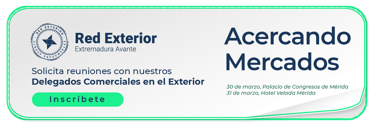 ✅Esta #Jornada de #Oportunidades concentrará en un mismo espacio representantes de las oficinas de la #RedExterior de <a href="/e_avante/">Extremadura Avante</a>, que abarcan un total de 15 #mercados.
🔘¡Hasta el 28/03 solicita #reuniones con nuestros Delegados Comerciales en el Exterior! bit.ly/3wbdY96