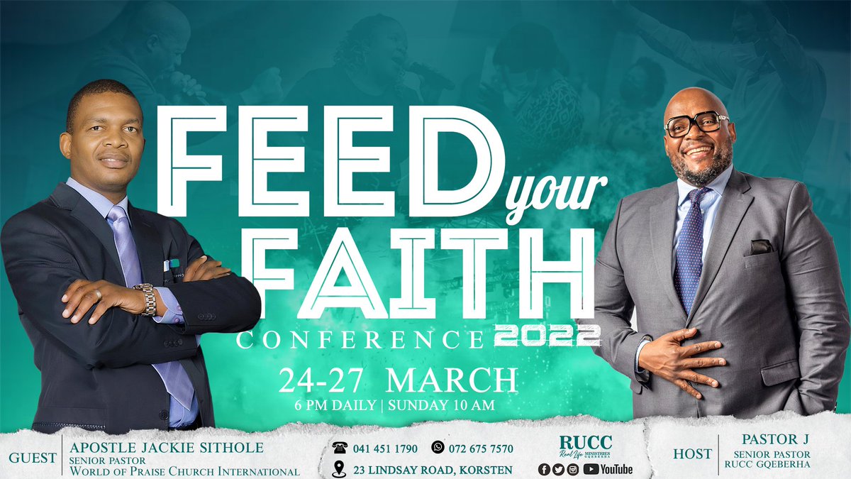 ruccgqeberha's tweet photo. In line with the theme of more, The Feed Your Faith Conference 2022 🙌🏽 with Apostle Jacky Sithole begins next week and the theme this year is More Faith! 😃
The conference starts on the 24th - 27th March 2022. The service times are 6 PM 🕡 on Thursday and 10 AM 🕙 on Sunday. https://t.co/iWUMoSCIKD