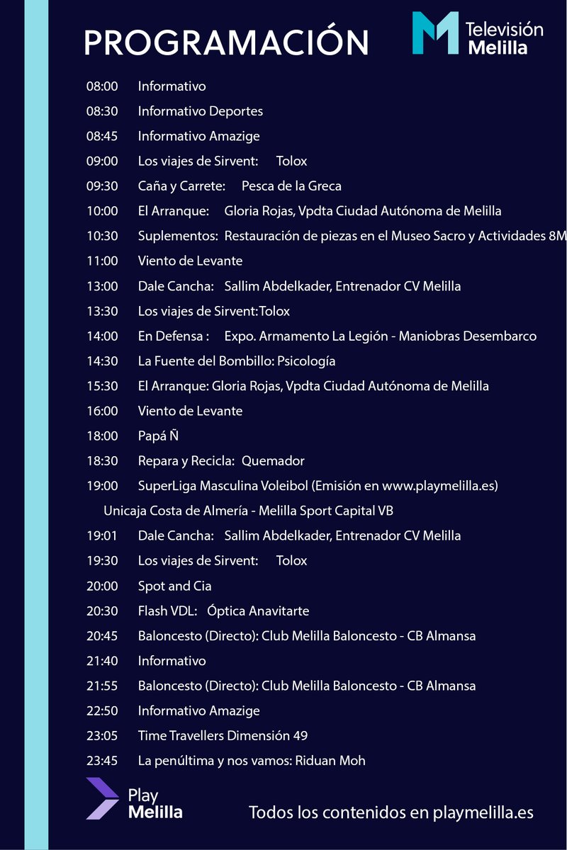PlayMelilla_'s tweet photo. 📺 Programación para hoy. 
Descubre todos nuestros contenidos en la web https://t.co/HbijySbztp
