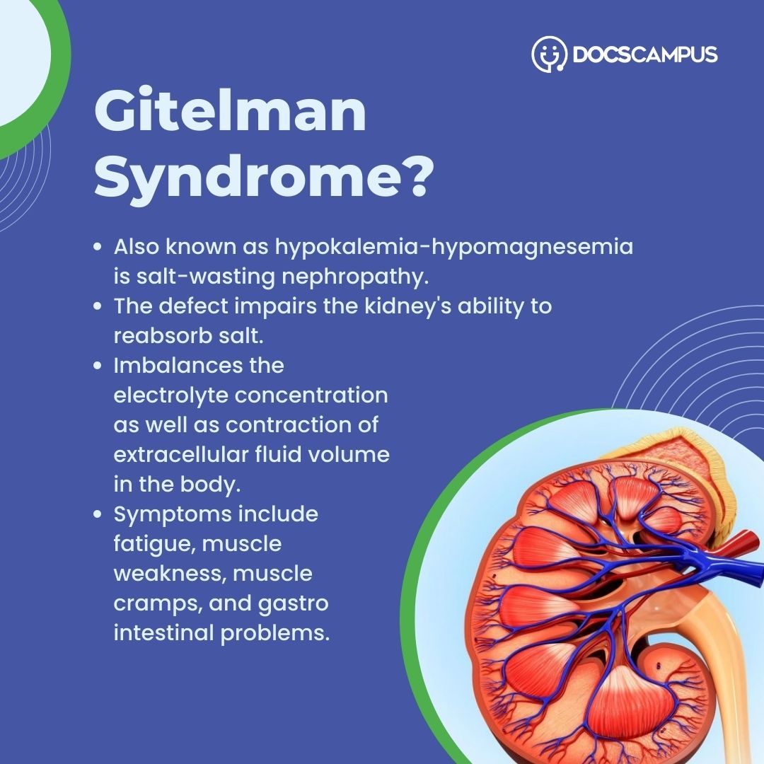 DocsCampus's tweet photo. Mutations in the SLC12A3 gene cause Gitelman syndrome, which is inherited in an autosomal recessive way. The onset of its symptoms is usually delayed up to 20 years post birth.

#salt #raredisorder #hypokalemia #kidney #birthdefectinkidney #gitelmansyndrome  #Docscampus https://t.co/gZJzCl5t8P