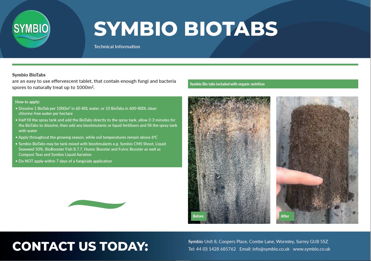 SymbioUK's tweet photo. .@SymbioUK #BioTabs
Repair your soil by replacing beneficial microorganisms
Assists in the repair of turf damage
Convert thatch to humus
Contact your local rep for further information or to place an order https://t.co/niWTZ87tS3