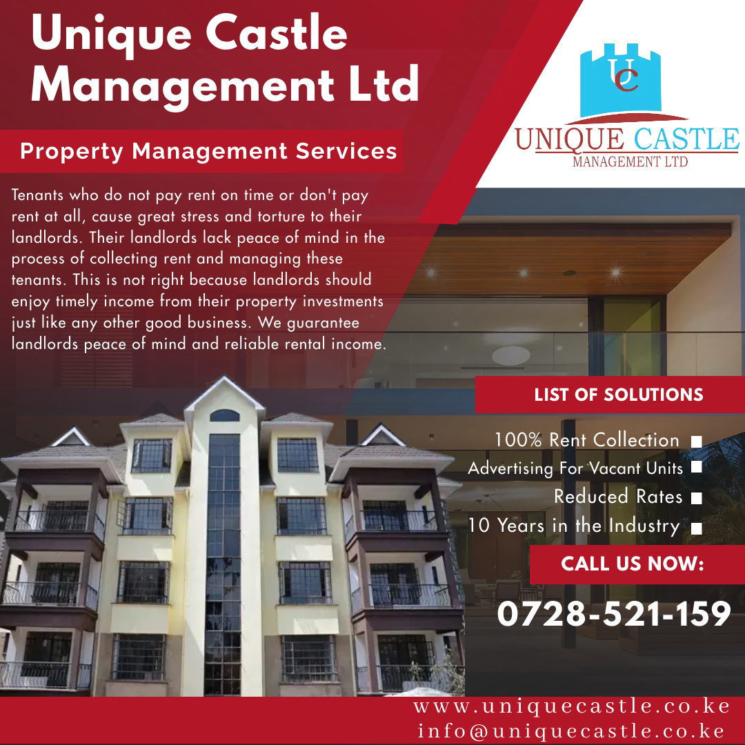 We archive 100% rent collection and pay our landlords by 5th of every month!
Call Us Today:
📞 0728 521 159
🌍 uniquecastle.co.ke
📧 info@uniquecastle.co.ke
#propertymanagement #realestate #property #propertymanager #propertyinvestment #realestateagent #realtor #investment