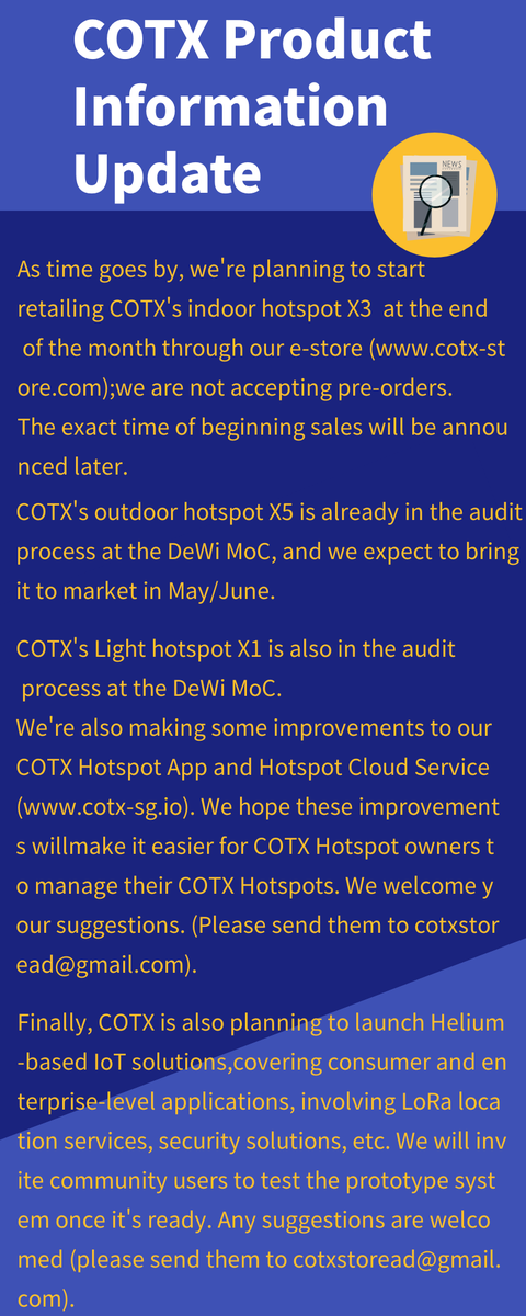 CotxNetworks's tweet photo. COTX Product Information Update

As time goes by, we're planning to start retailing COTX's indoor hotspot X3  at the end of the month through our e-store (https://t.co/nalKwBrq1T); we are not accepting pre-orders. The exact time of beginning sales will be announced later. https://t.co/Nyl7BrPjid